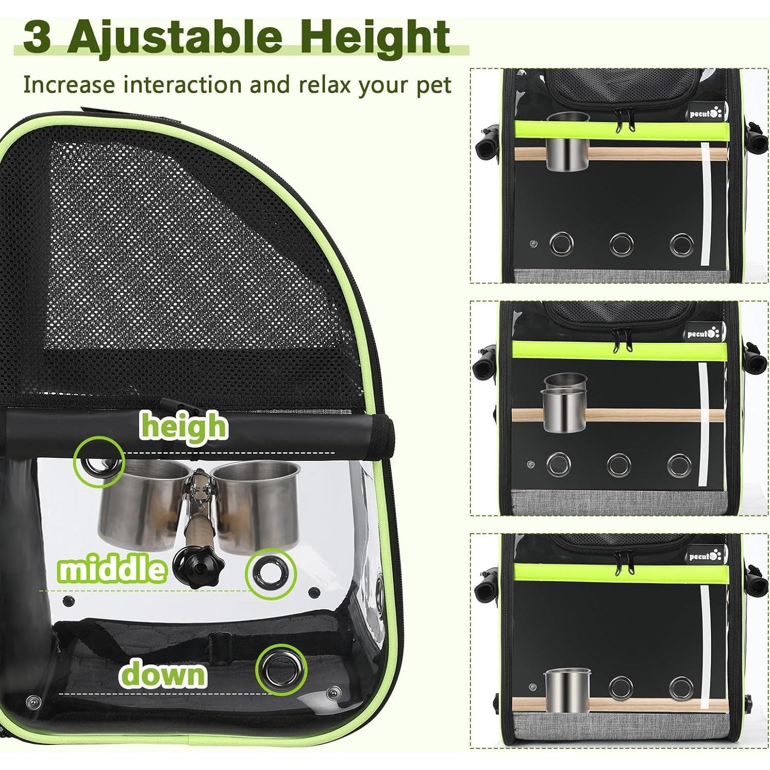 Bird Carrier Backpack, Parrots Bird Backpack with Visible Window, Adjustable Height Standing Perch, Feeding Cans, Waterproof Pads, Lightweight Foldable Birds Travel Cage for Hiking Camping