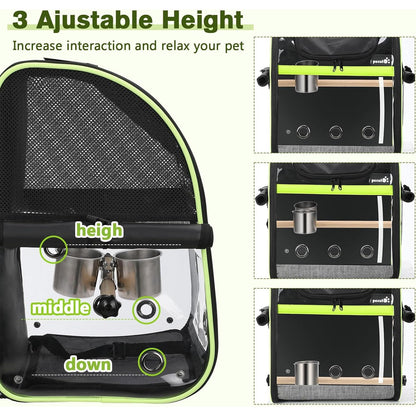 Bird Carrier Backpack, Parrots Bird Backpack with Visible Window, Adjustable Height Standing Perch, Feeding Cans, Waterproof Pads, Lightweight Foldable Birds Travel Cage for Hiking Camping