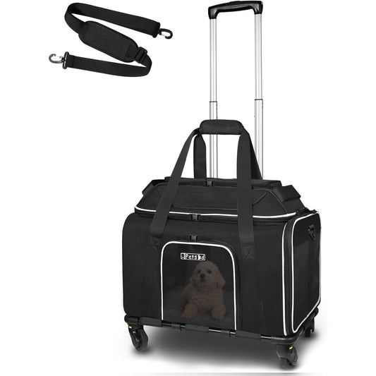 Top-Expandable Pet Carrier with Wheels 18X11X11 Inches Delta American United Airline Approved, Soft-Sided Carrier for Small Cats Dogs with Locking Safety Zippers and Anti-Scratch Mesh(Black)