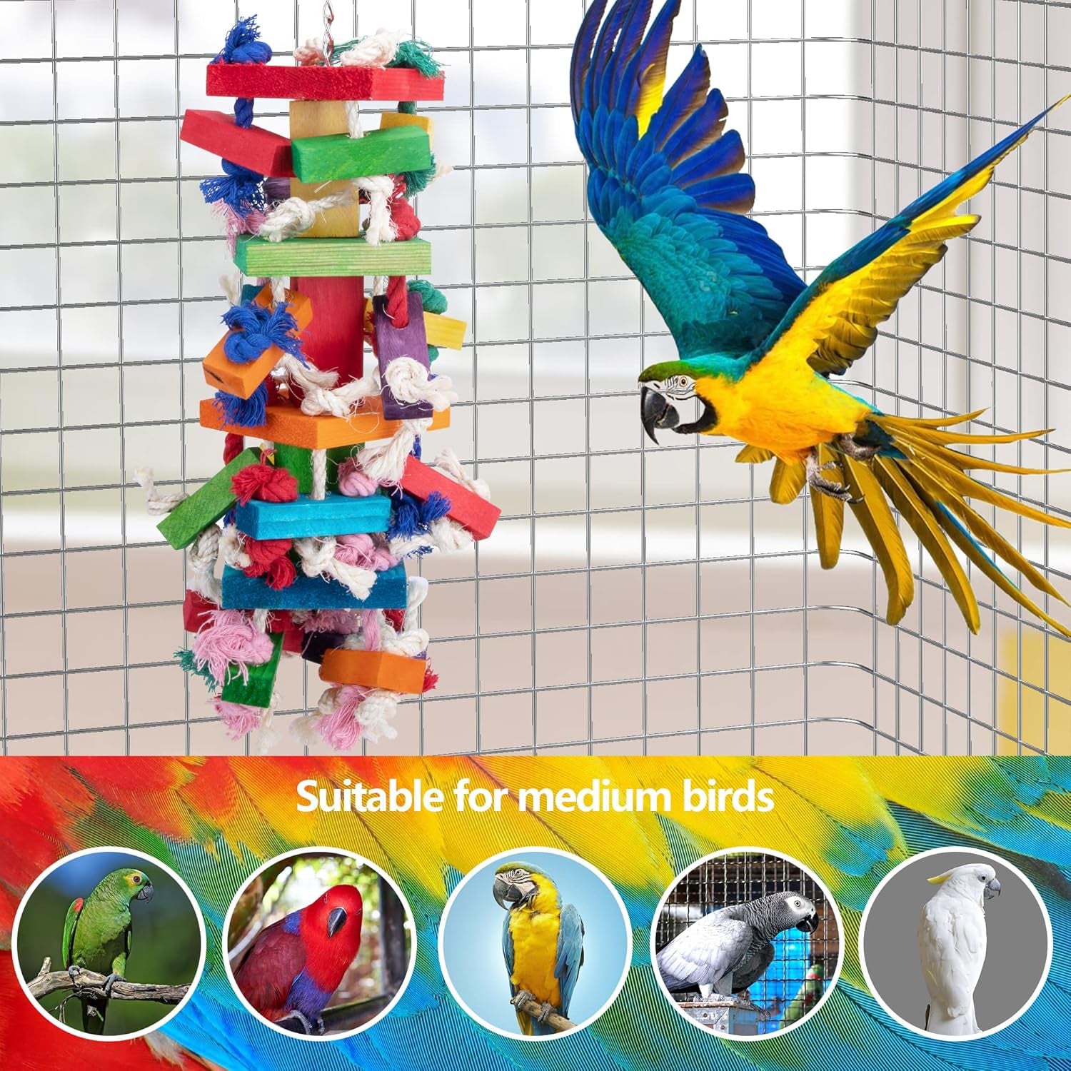 Bird Block Knots Tearing Toy -19.7 Inch Multicolored Natural Wooden Parrot Chewing Toy Suggested for Macaws Cokatoos,African Grey and a Variety of Amazon Parrots.(Large Size)