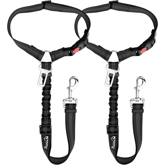 Dog Seat Belt for Car, 2 Pack Dog Car Harness Seatbelt Adjustable with Elastic Bungee Buffer, 2 in 1 Pet Car Leash Headrest Restraint Dog Reflective Safety Tether (Black, Headrest+Clip)