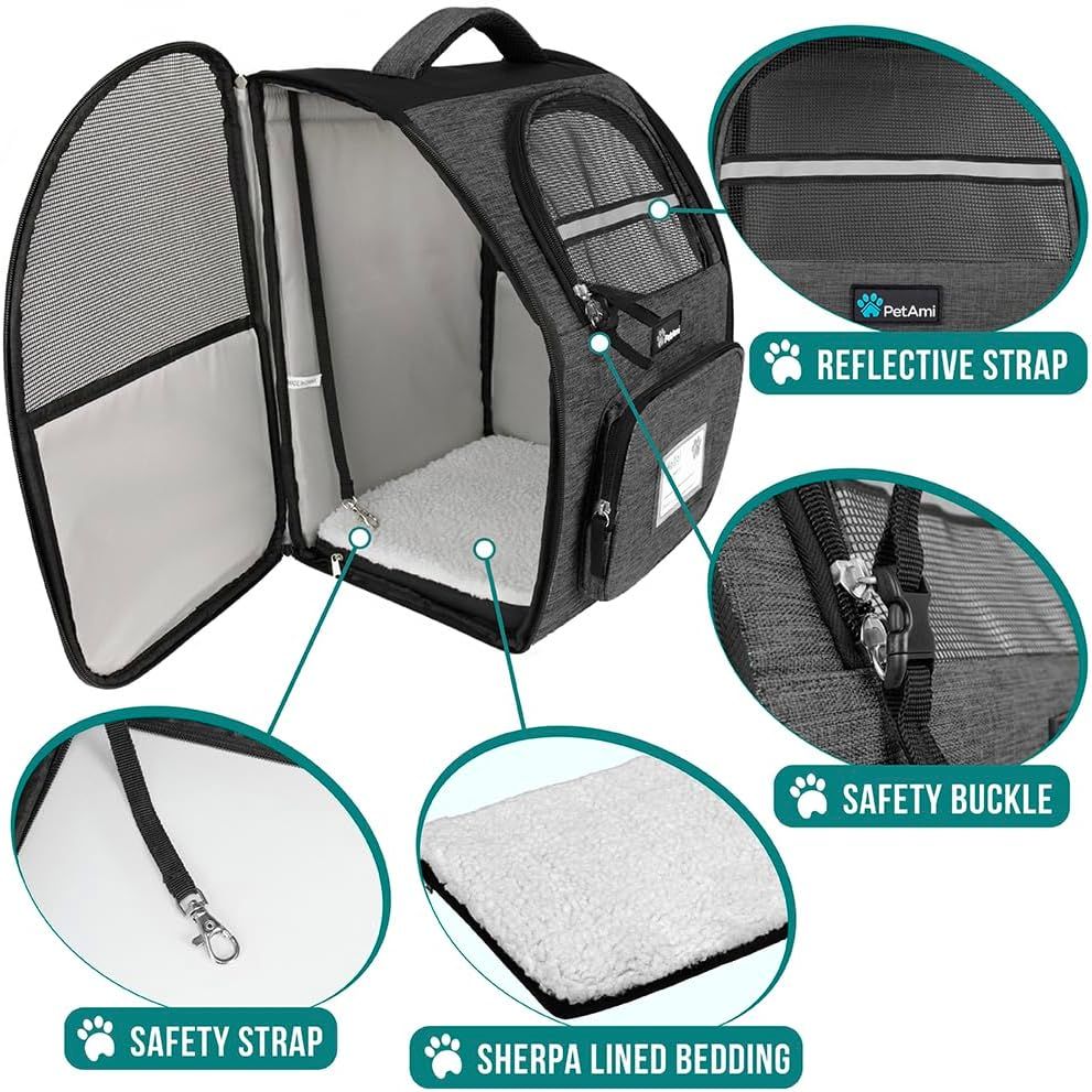 Dog Backpack Carrier for Small Large Cat, Puppy - Ventilated Hiking Travel Bag, Airline Approved, Camping Biking up to 18Lbs - Charcoal
