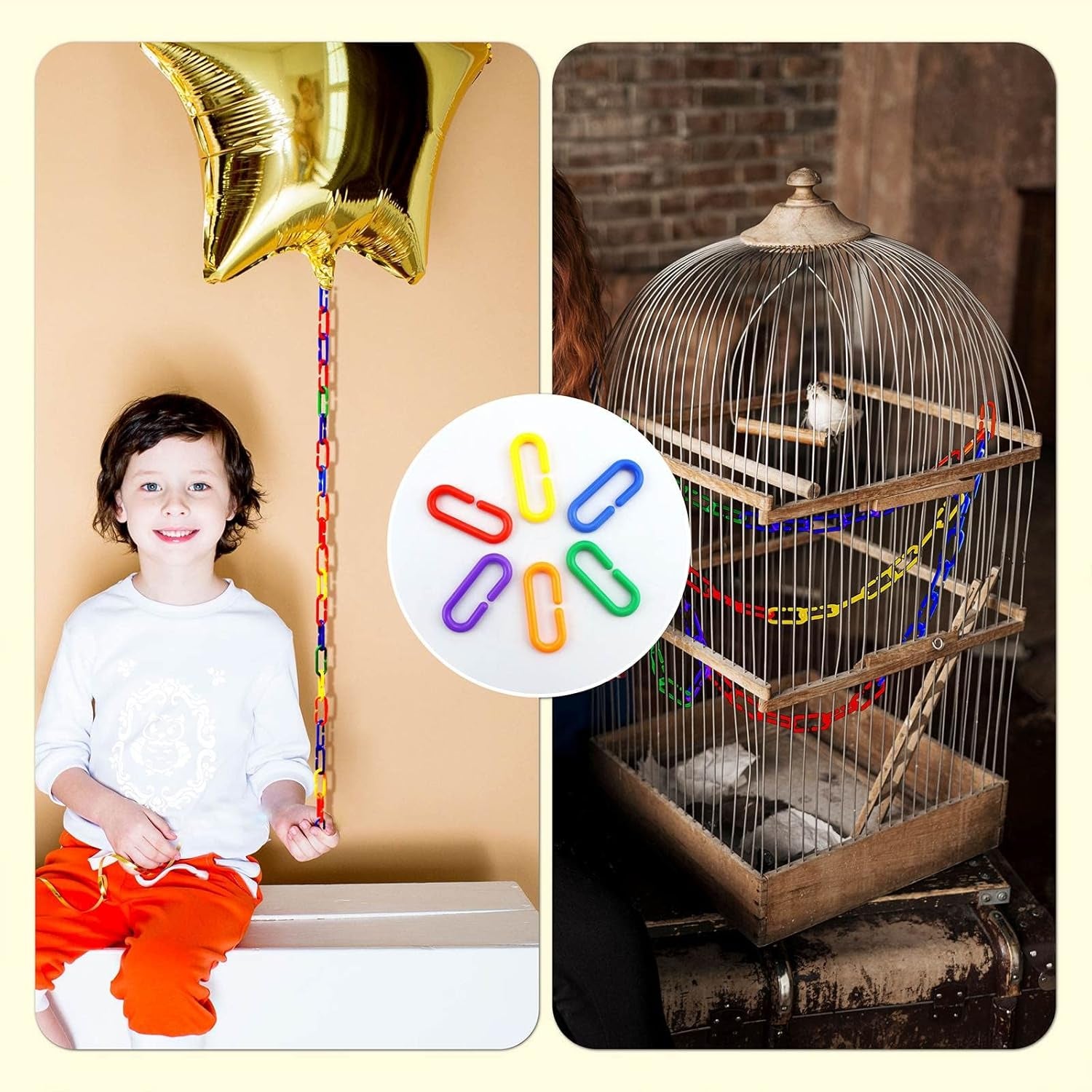 JIALEEY 100PCS Plastic Chain Links, Children'S Learning Toy, Mix Color Rainbow DIY C-Clips Chains Hooks Swing Climbing Cage Toys for Bird Sugar Glider Rat Parrot