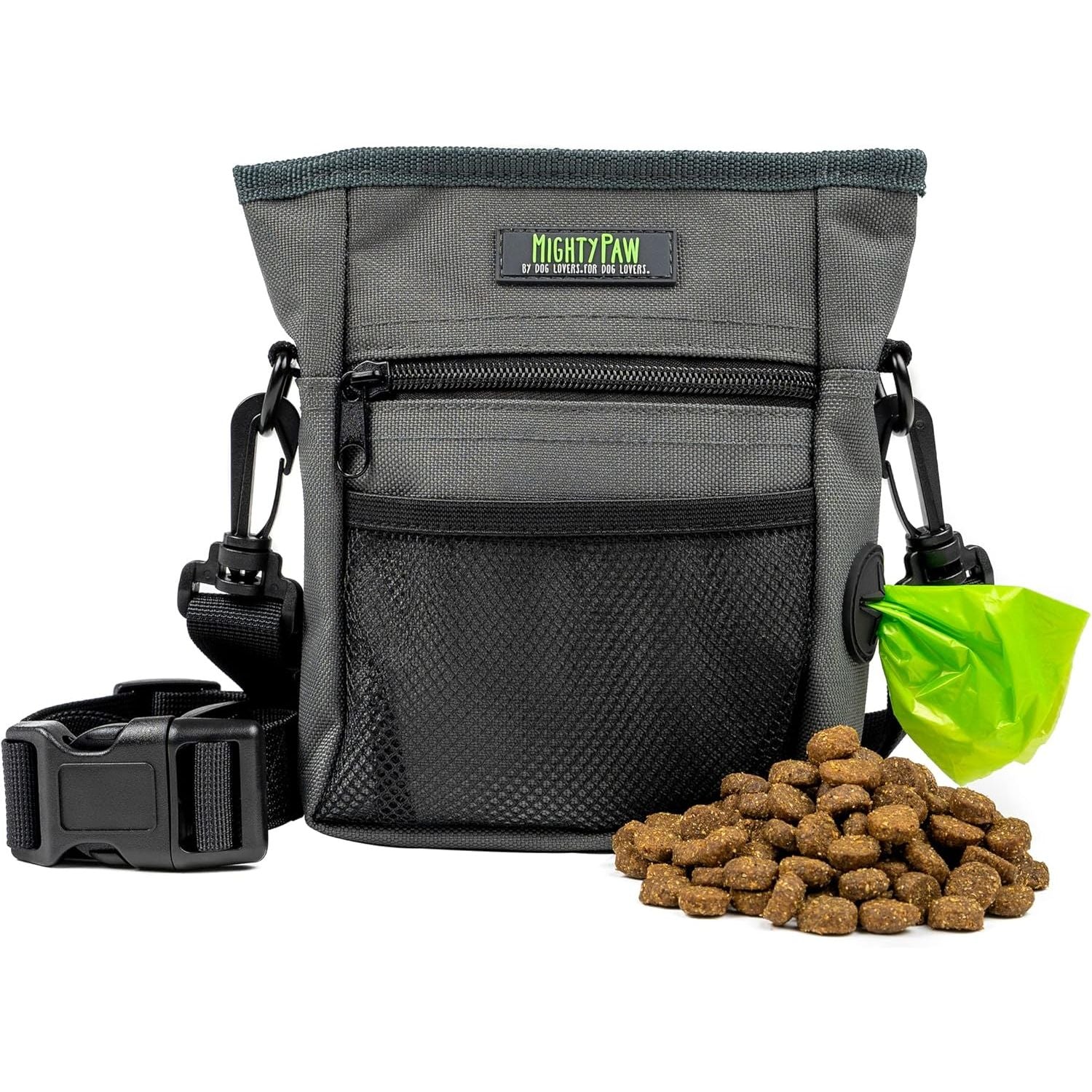 Dog Treat Pouch 2.0 | Pet Training Hands-Free Snack Bag W/Strap. Holds 2 Cups Kibble, Phone & Keys. Magnetic Clasp & Waist Belt Clip. Includes 1 Roll of Poop Bags (Green/Grey)