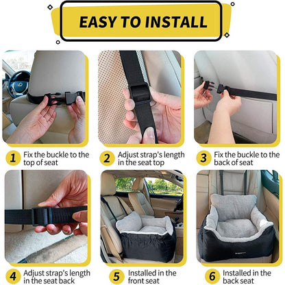 Dog Car Seat for Small Dogs, Fully Detachable and Washable Cat Carseats under 25 Lbs, Soft Pet Booster Seats with Storage Pockets and Clip-On Leash Portable Car Travel Carrier Bed, Black