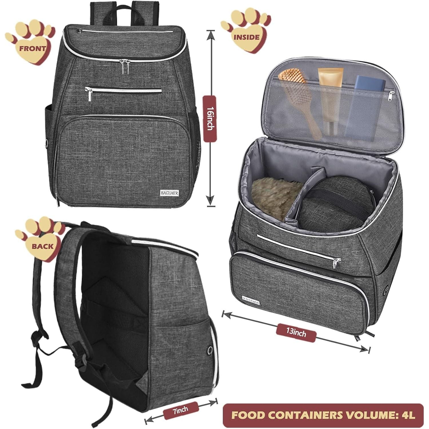 丨Dog Travel Bag Backpack, Airline Approved Pet Supplies Backpack, Dog Travel Backpack with 2 Silicone Collapsible Bowls and 2 Food Baskets Grey